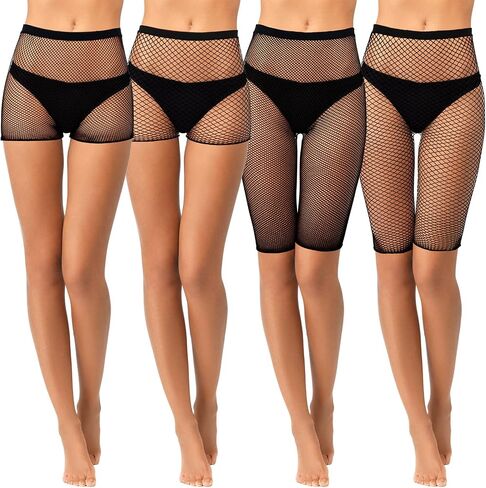 Geyoga 4 Pcs Fishnet Shorts Fishnet Biker Short High Waisted See Through Elastic Mesh Shorts for Women, 4 Styles (S,Black) in Saudi Arabia