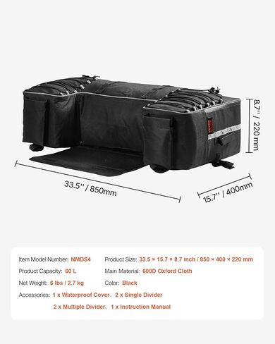 VEVOR ATV Rear Storage Bag, 60L ATV Rear Cargo Bag, 600D Oxford Cloth Back Seat Gear Bag with Backrest & Waterproof Cover, Fit Most ATVs with Rear Racks, Compatible with ATVs, UTV, Can-Am Vehicle in Saudi Arabia