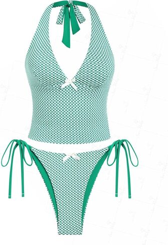 seamoly Vintage Eyelet Jacquard Textured Bowknot Decor Halter Tie Side Tankini Set in Saudi Arabia