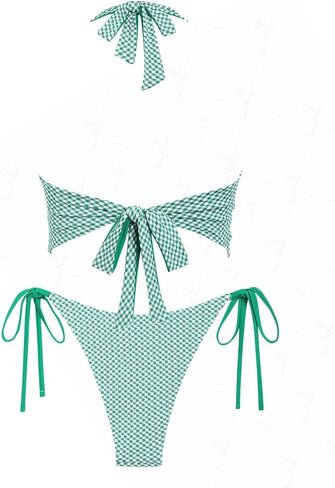 seamoly Vintage Eyelet Jacquard Textured Bowknot Decor Halter Tie Side Tankini Set in Saudi Arabia