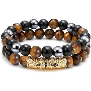 BOMAIL 8mm Tiger Eye Triple Protection Bracelet-Black Obsidian Beads Bracelet Healing Crystal Yoga Bracelet for Bring Luck and Prosperity