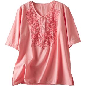 Women's Summer Flora Embroidered Tops V Neck Short Sleeve Tunic Tops for Women Cotton Blouses Boho Loose Fit Tunic Tshirts
