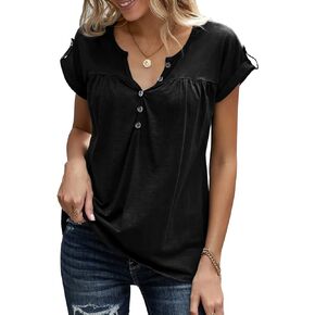 Women's Casual Short Sleeve T-Shirts V Neck Button Up Tunic Tops Summer Rolled Sleeve Henley Shirt