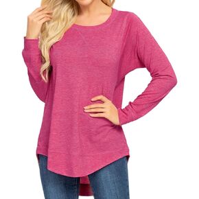 Women's Round Neck Tunic Fall Long Sleeve T-Shirt Solid Loose Blouses Casual Pullover Tunic Tops Basic Tee