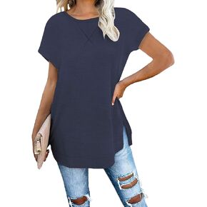 Women's Long Sleeve Pullover Crew Neck Color Block Side Split Loose Casual Tunic Tops