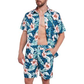 WZIKAI الرجال قميص هاواي صيفي وقصيرة 2 قطعة عطلة الاستوائية وتتسابق مجموعات زر عادية أسفل قمصان الشاطئ الدعاوى in Kuwait