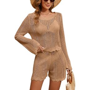 Blooming Jelly Womens Crochet Cover Up Set Hollow Out Knit Two Piece Sets Swimsuit Bikini Coverup Beach Outfit