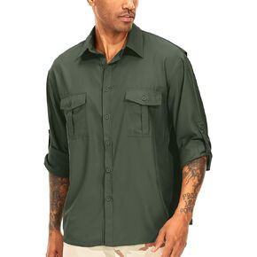 Anteef Men's Long Sleeve Safari Shirts UPF 50+ Lightweight Quick Dry Cooling, Hiking Fishing UV Sun Protection Shirts（5065 Army Green 3XL）