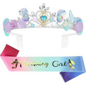 Mermaid Crown and Birthday Sash for Women Mermaid Birthday Decorations Mermaid Birthday Girl Sash Birthday Crown for Girls Mermaid Headband for Little Mermaid Party Decorations for Girls
