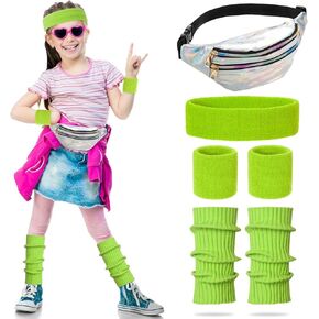Leg Warmers for Girls 80s Costume Accessories for Kids 80s Outfit Holographic Fanny Pack Sweatbands Headband Wristband