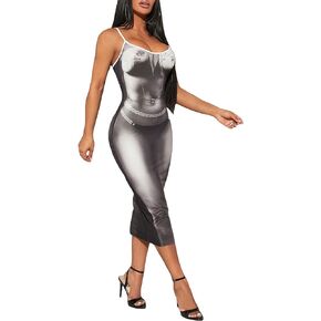 فستان GORGLITTER النسائي ذو الشكل المطبوع Bodycon ماكسي بدون أكمام ورقبة واسعة وفساتين كامي in Kuwait