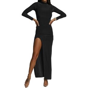 LYANER Women's Mock Neck Long Sleeve Slit Split Hem Cocktail Party Long Dress