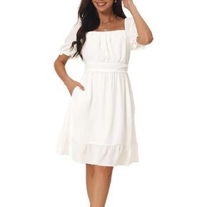 Seta T Women's Summer Casual Dresses Square Neck Puff Short Sleeve Smocked Back Ruffle Dress with Pockets