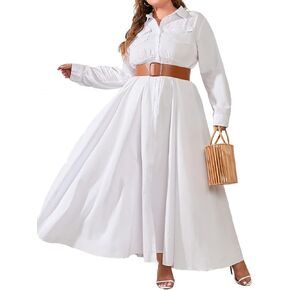 Women's Button Down Shirt A-line Maxi Linen Dress Pleated Long Sleeve Party Cocktail Evening Plus Size with Pockets