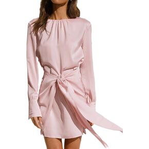 R.Vivimos Women's Satin Dress Long Sleeve Casual Wrap Ruched Tie Waist Party Mini Dress
