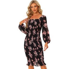 Allegra K Women's Floral Mermaid Dresses Square Neck Ruffle Puff Sleeve Smocked Bodycon Dress in Saudi Arabia