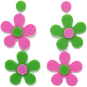 Y2K Acrylic Large Flower Drop Earrings,Big Double Flower Petals Dangle Earring Resin Daisy Flower for Women Girls Party Accessories