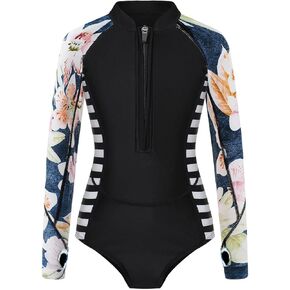 Girls Long Sleeve Rashguard Swimsuit UV Protection One-Piece Swimwear Bathing Suit