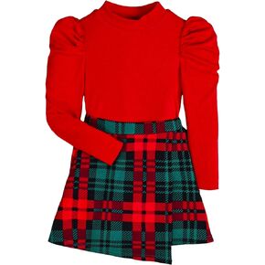 Floerns Girl's 2 Piece Outfit Puff Sleeve Tee with Plaid Print Short Skirt Set