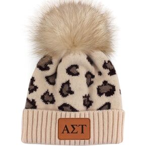 Sorority Shop - Alpha Sigma Tau Beanie Hat - Leopard Print - AST Name Patch