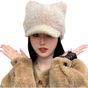 Cat Ears Fleece Lined Brimmed Beanie Hats Winter Golf Cap Brim Bill Visor Women