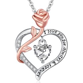 Amavive Valentines Day Gifts for Her, Sterling Silver Rose Heart Birthstone Necklace for Women Forever Love Heart Pendant Jewelry Gifts for Girls Wife Mom Grandma Girlfriend Anniversary Birthday in Kuwait