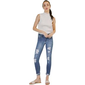 Kan Can Women's Mid-Rise Ankle Skinny Jeans with Destruction Detailing & Frayed Hem (29, Medium Blue (Rise 8.5"/Inseam 29") KC7103M)