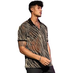 WDIRARA Men's Marble Print Glitter Mesh Sheer Collared Short Sleeve Tee Top Striped Party T Shirt in Kuwait