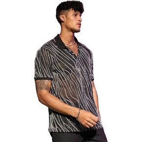 WDIRARA Men's Marble Print Glitter Mesh Sheer Collared Short Sleeve Tee Top Striped Party T Shirt