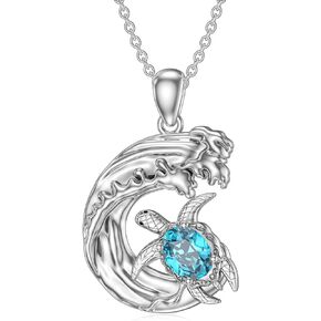 Reaii Sea Turtle Necklaces for Women 925 Sterling Silver Topaz Turtle Pendant Wave Ocean Necklace Turtle Jewelry Gifts for Christmas Mothers Day