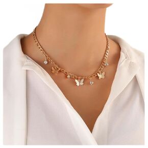 Bohemian Butterfly Cz Dangle Necklace Crystal Butterfly Choker Necklace Gold Crystal Dot Necklace Chain Butterfly Rhinestone Collar Necklace Jewelry for Women and Girls Gifts