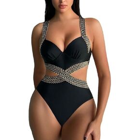 MakeMeChic Women's One Piece Swimsuit Cut Out Tummy Control Swimsuits Push Up Bathing Suits Cross Swimwear