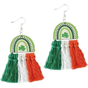 St. Patrick's Day Earrings Bohemian Handmade Braid Tassel Dangle Earrings Colorful Green Lucky Clover Rainbow Wooden Tassel Drop Earrings for Women Girls Holiday Jewelry
