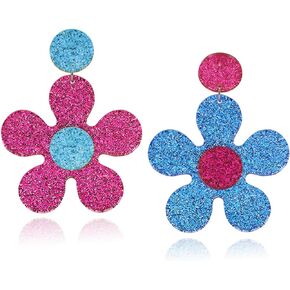 Vintage 60s 70s Big Flower Dangle Earrings Asymmetric Daisy Flower Earrings Boho Flower Earrings Colorful Floral Acrylic Daisy Flower Drop Earring for Women Girls Costume Party
