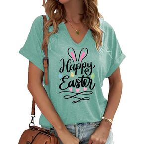 Easter V Neck Shirts for Women Happy Easter Bunny with Glasses Blouse Casual Graphic Spring Colorful Tops Tee