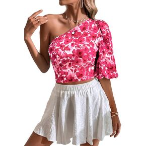 Floerns Women's Boho One Shoulder Allover Floral Print Flounce Short Sleeve Blouse Crop Top