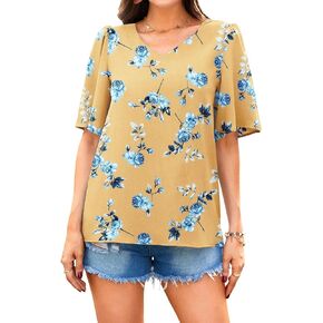 Neineiwu Women's Summer V Neck Floral Print Blouse Short Sleeve Loose Top Shirts