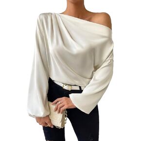 WDIRARA Women's Asymmetrical Neck Bishop Long Sleeve Satin Blouse Ruched One Shoulder Top