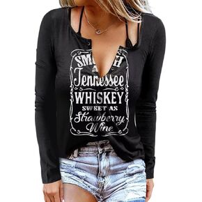 Smooth As Tennessee Whiskey Sweet As Strawberry Wine T Shirt Ring Hole V-Neck Loose Fit Tops Women Country Music Retro Blouse