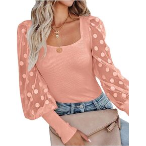 LYANER Women’s Square Neck Blouse Sheer Mesh Lantern Sleeve Polka Dot Knit Business Casual Tops Shirts