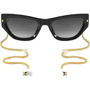 Loom&Pearl Armless Chain Temple Sunglasses Meow Black Shades + Gold Chains With All Eyes On You White Charms Eyewear Shades with Non-Slip