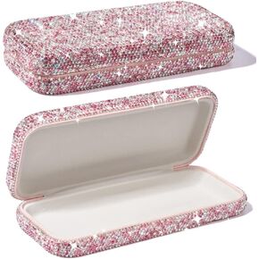 JSCARLIFE Bling Crystal Eyeglasses, Shiny Glasses Case Rhinestone Hard Shell Protective Large Eyeglass Case
