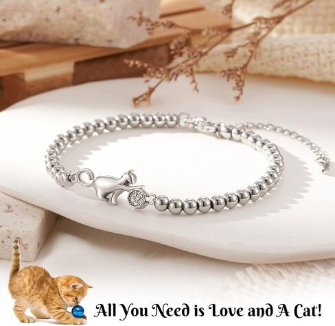 ASKRAIN Cat Mom Gifts Cat-Playing Ball Charm سوار سلسلة مطلي بالفضة بطول 7 بوصة + 2 بوصة in Kuwait