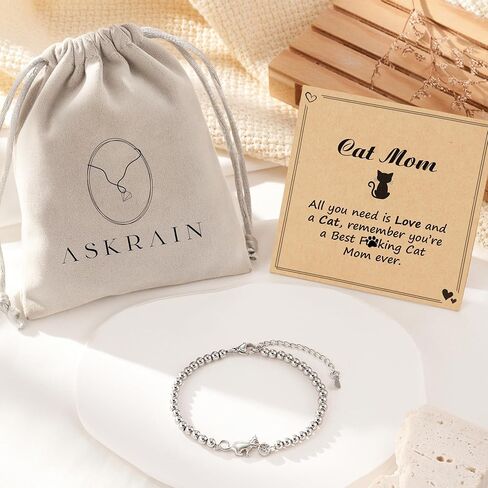 ASKRAIN Cat Mom Gifts Cat-Playing Ball Charm سوار سلسلة مطلي بالفضة بطول 7 بوصة + 2 بوصة in Kuwait