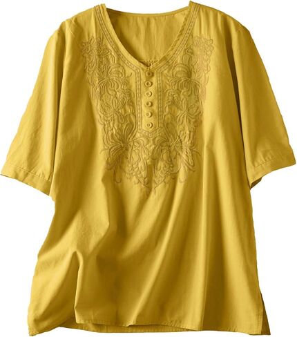Women's Summer Flora Embroidered Tops V Neck Short Sleeve Tunic Tops for Women Cotton Blouses Boho Loose Fit Tunic Tshirts in Kuwait