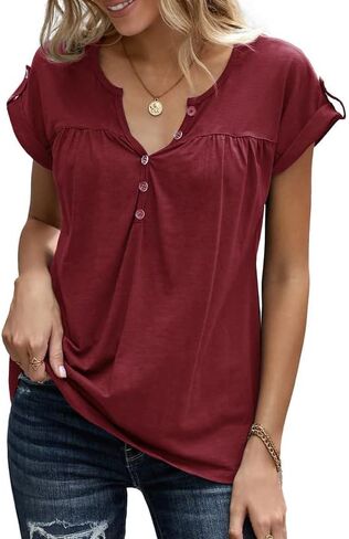 Women's Casual Short Sleeve T-Shirts V Neck Button Up Tunic Tops Summer Rolled Sleeve Henley Shirt in Saudi Arabia