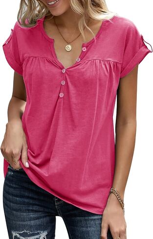 Women's Casual Short Sleeve T-Shirts V Neck Button Up Tunic Tops Summer Rolled Sleeve Henley Shirt in Saudi Arabia