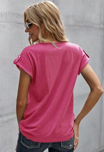 Women's Casual Short Sleeve T-Shirts V Neck Button Up Tunic Tops Summer Rolled Sleeve Henley Shirt in Saudi Arabia