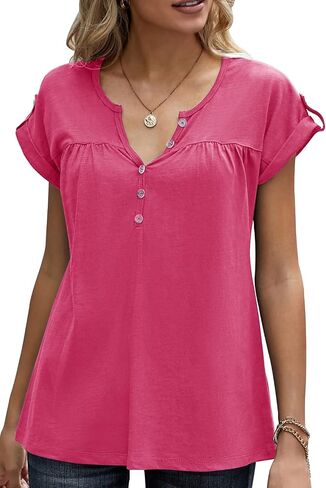 Women's Casual Short Sleeve T-Shirts V Neck Button Up Tunic Tops Summer Rolled Sleeve Henley Shirt in Saudi Arabia