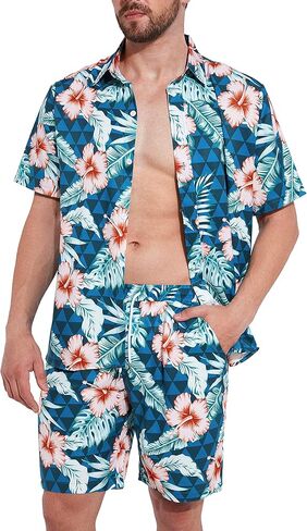 WZIKAI الرجال قميص هاواي صيفي وقصيرة 2 قطعة عطلة الاستوائية وتتسابق مجموعات زر عادية أسفل قمصان الشاطئ الدعاوى in Kuwait
